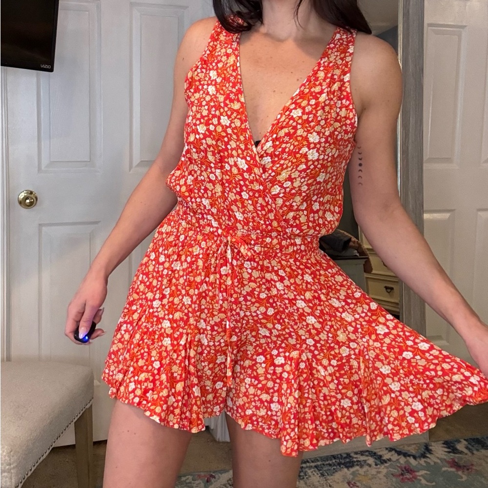 Orange Dainty Floral Wrap Romper, NWT.
